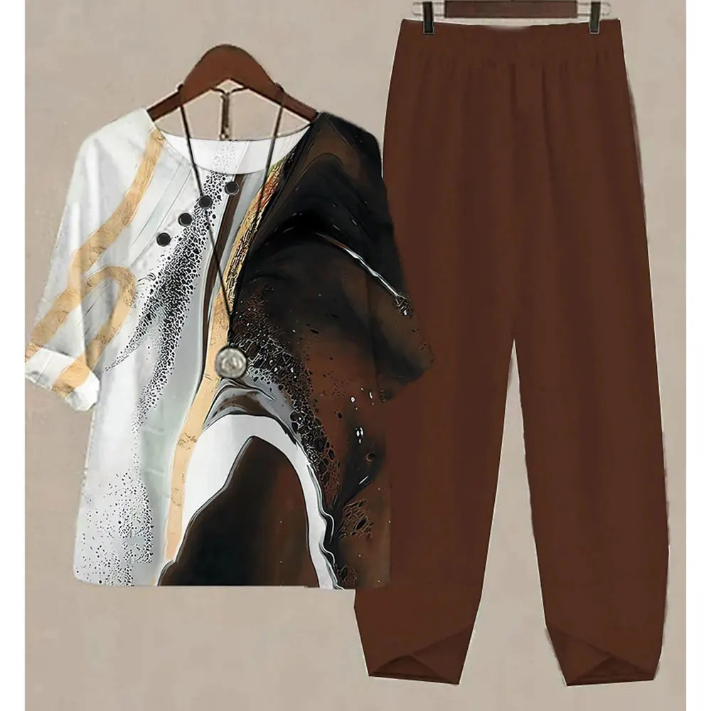 Nuevo conjunto de dos piezas para mujer, informal, cuello redondo, manga corta, estampado a rayas, top de verano para mujer, camiseta, pantalones holgados elegantes, trajes de otoño