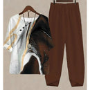 New Two Piece Set Women Casual O Neck Short Sleeve Stripe Printed Fit Summer Ladies Tops T Shirt Elegant Loose Pants Suits Fall