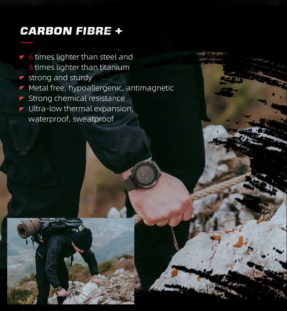 NORTH EDGE ALPS Reloj digital de fibra de carbono para hombre, resistente a golpes, deportivo, militar, superligero, con brújula para exteriores, resistente al agua hasta 50 m.