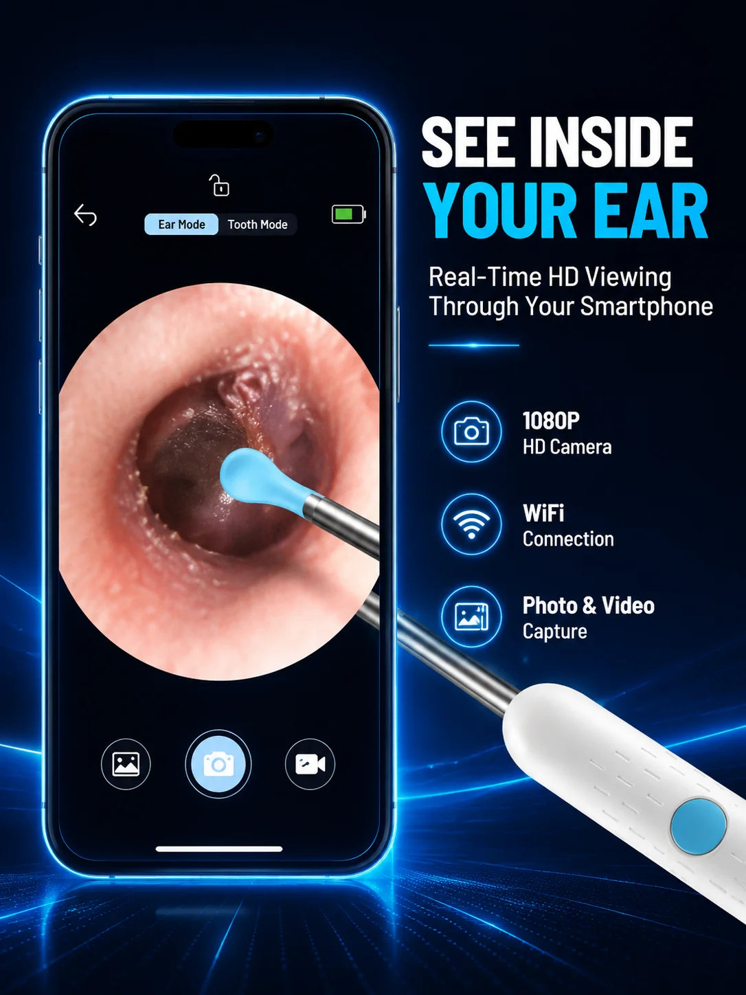 Smart Visual Ear Wax Remover with 1080P HD Camera, USB C Rechargeable Ear Cleaner, Waterproof Ear Scope Otoscope, Safe Ear Wax R