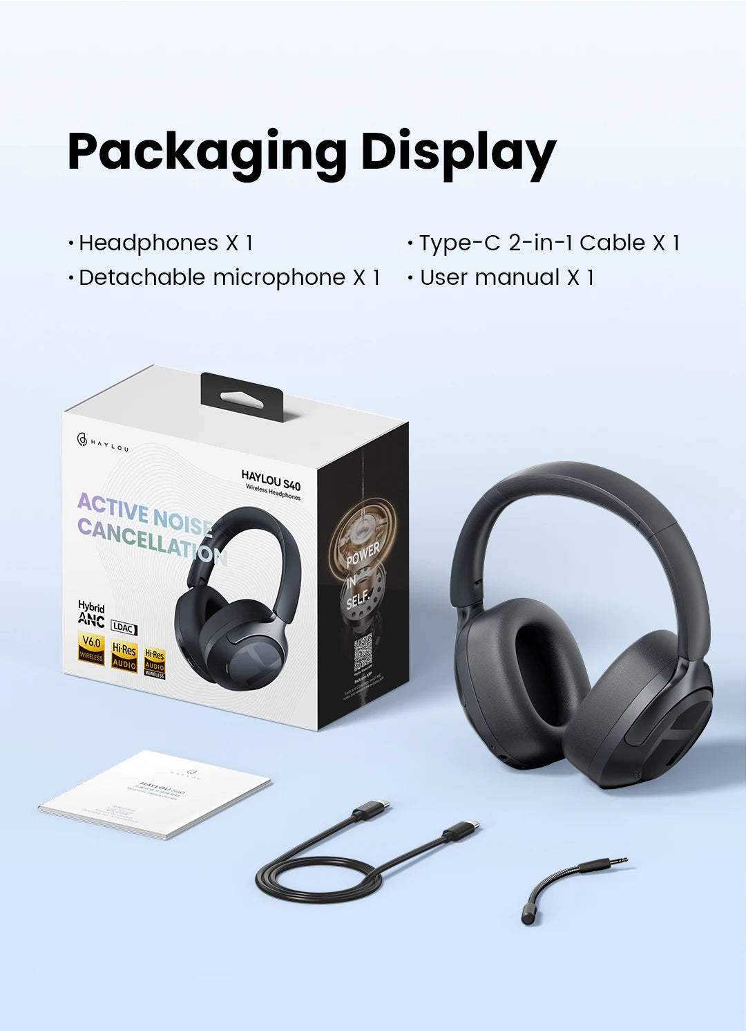 Fone de Ouvido Sem Fio HAYLOU S40 ANC com Cancelamento de Ruído de 50dB, Áudio Espacial 3D Hi-Res, LDAC, Bluetooth 6.0 e Design Over-Ear
