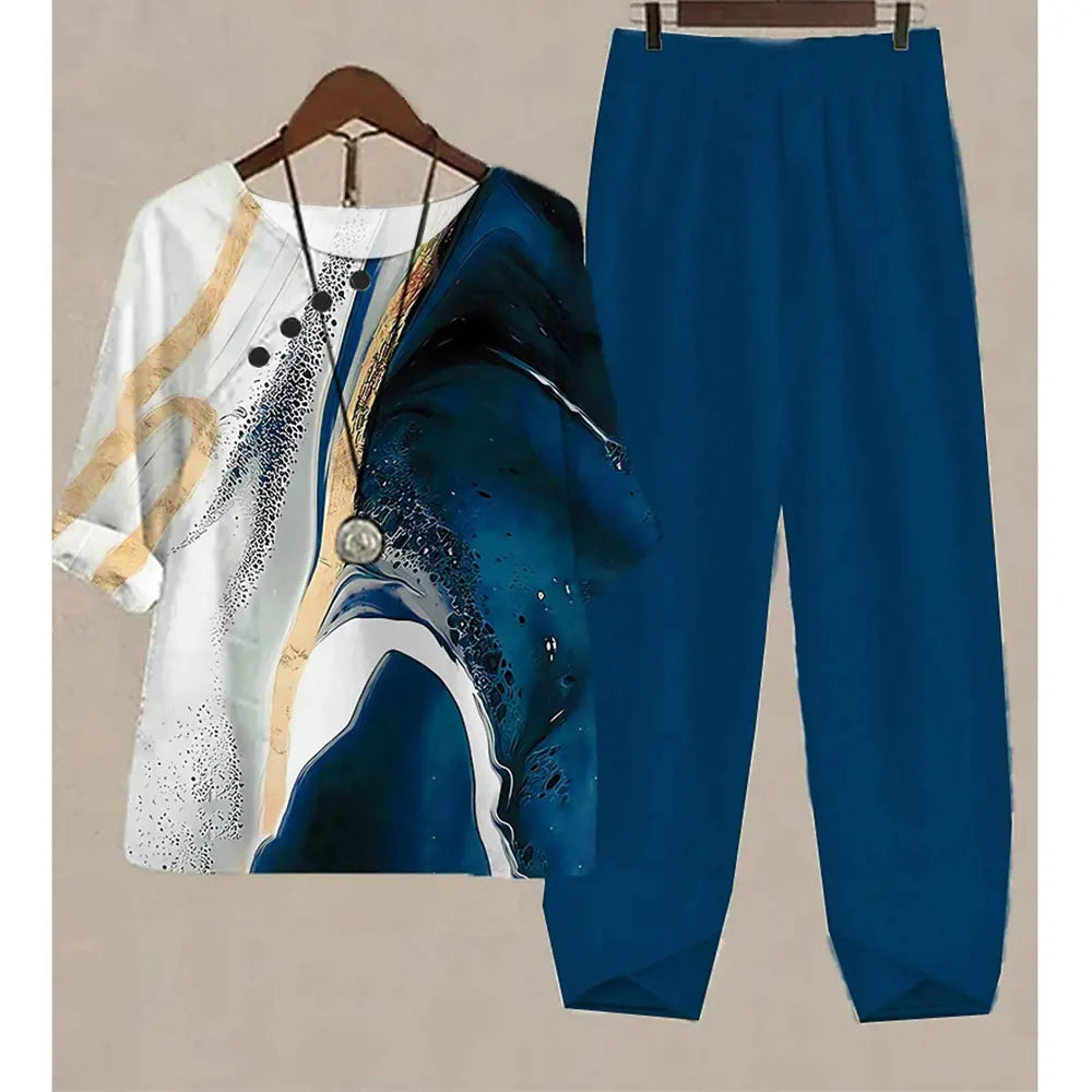 Nuevo conjunto de dos piezas para mujer, informal, cuello redondo, manga corta, estampado a rayas, top de verano para mujer, camiseta, pantalones holgados elegantes, trajes de otoño