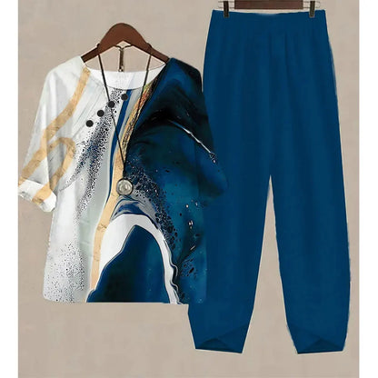 Nuevo conjunto de dos piezas para mujer, informal, cuello redondo, manga corta, estampado a rayas, top de verano para mujer, camiseta, pantalones holgados elegantes, trajes de otoño