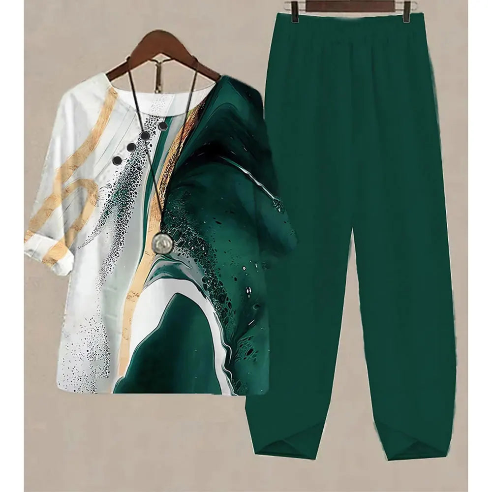 Nuevo conjunto de dos piezas para mujer, informal, cuello redondo, manga corta, estampado a rayas, top de verano para mujer, camiseta, pantalones holgados elegantes, trajes de otoño
