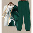 New Two Piece Set Women Casual O Neck Short Sleeve Stripe Printed Fit Summer Ladies Tops T Shirt Elegant Loose Pants Suits Fall