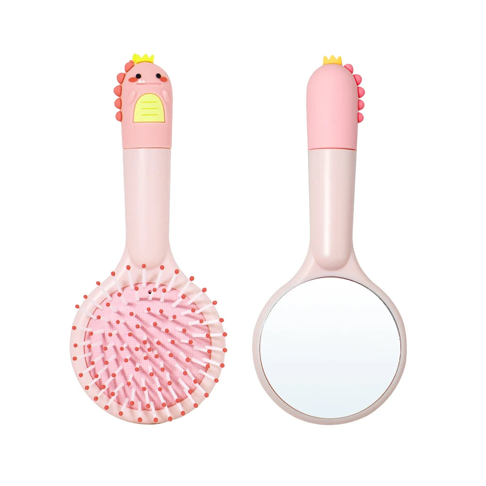 Cute Cartoon Dinosaur Hair Brush Set Detangling Mini Brush Set Travel Protable Comb Folding Mirror for Child Baby Girls Boys
