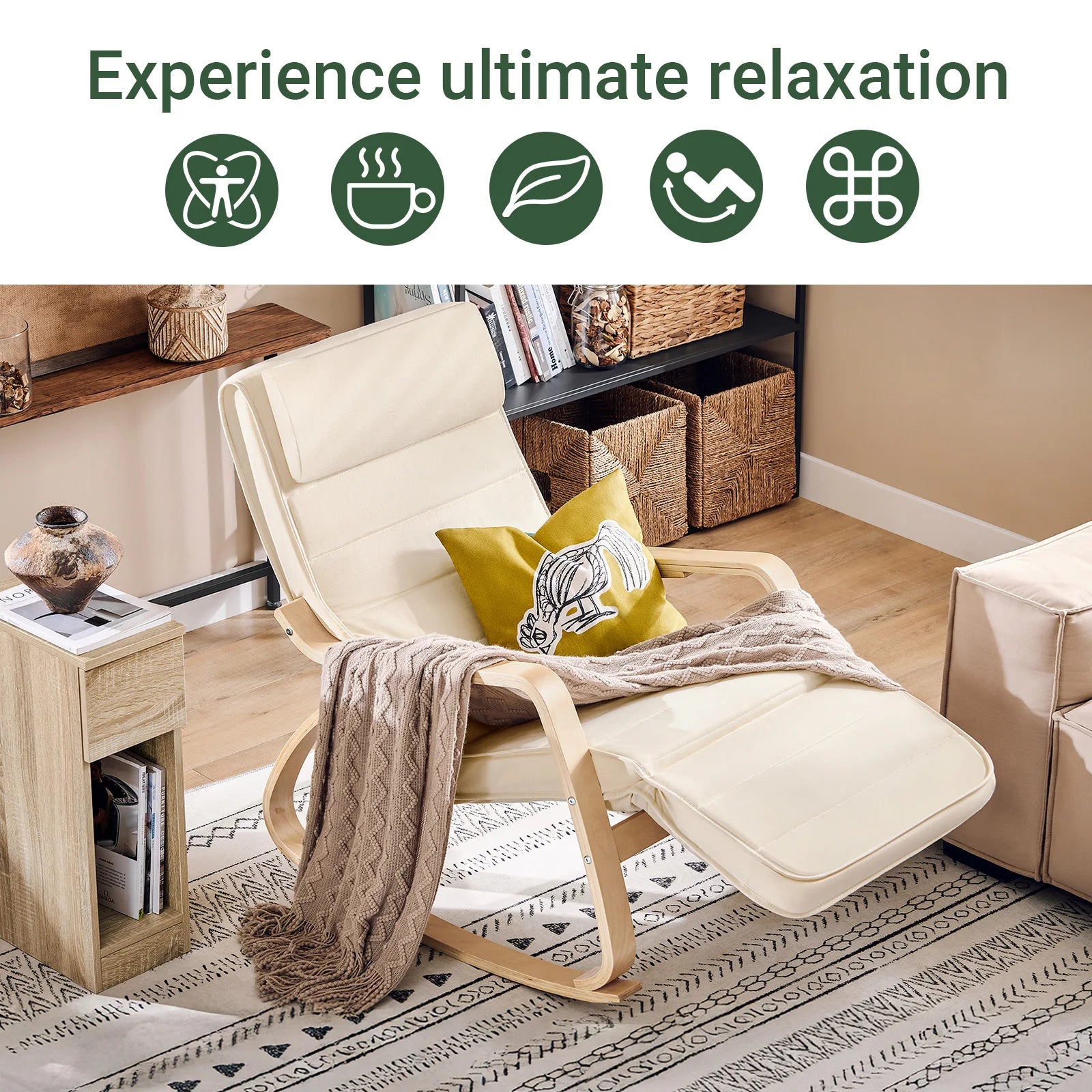 SoBuy FST16 New swing chair 5-compartment adjustable foot part swing armchair relax armchair load 150kg Birch Wood