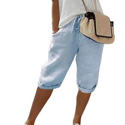 Pantalones cortos de lino y algodón con cordones para mujer, estilo vintage americano, cintura alta elástica, pierna ancha y bolsillo, estilo urbano