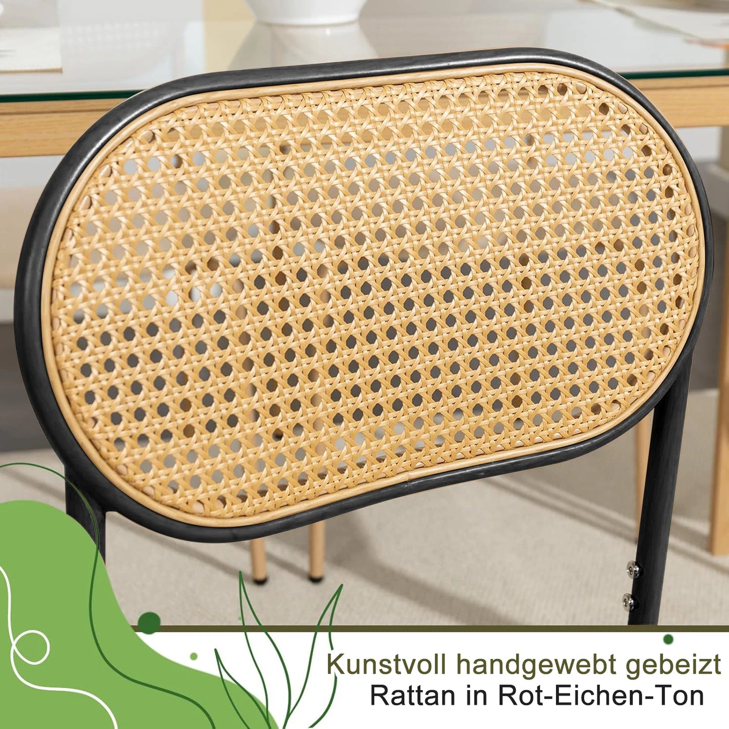 Set of 2 Rattan Dining Room Chairs, Upholstered Chair with Adjustable Metal Legs, Dressing Table Chair, Living Room Chair