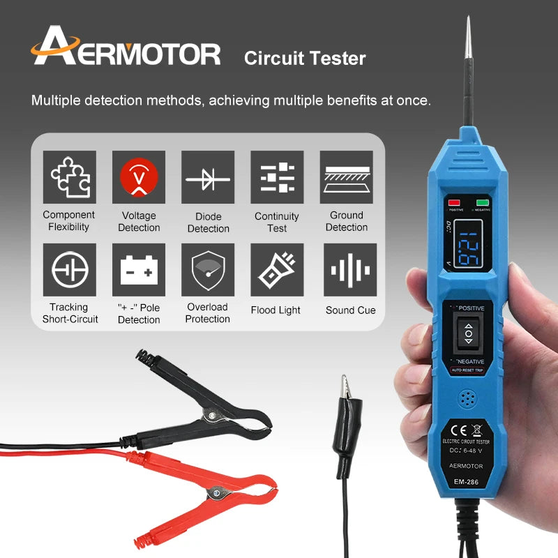 Probador de circuito eléctrico automotriz universal de 6 V-48 V, comprobador del sistema eléctrico del automóvil, kit de sonda de voltaje y potencia, pantalla digital LED.