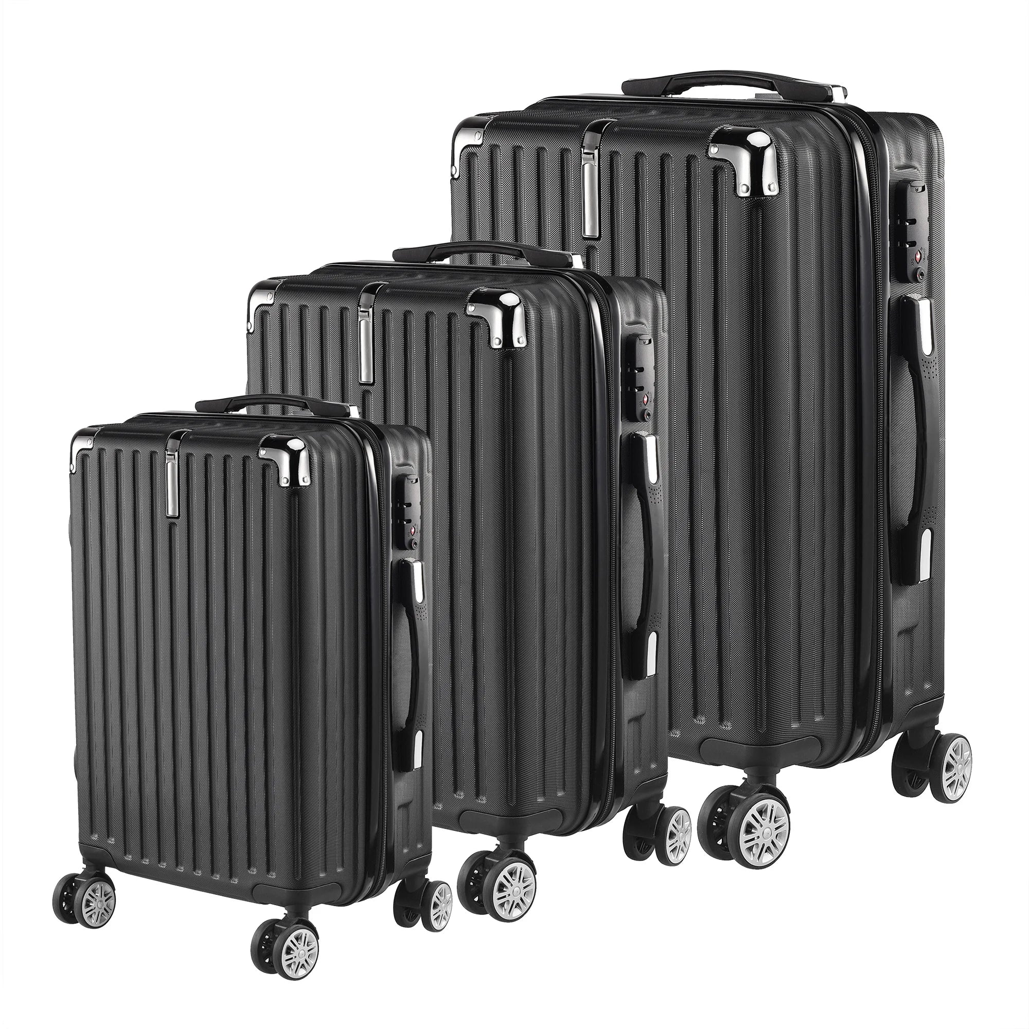 Anajqaqia 3-Piece Travel Suitcase Set with Wheels and Lock, Hard-Shell Trolley, Telescopic Handle, M, L, XL, Silvery