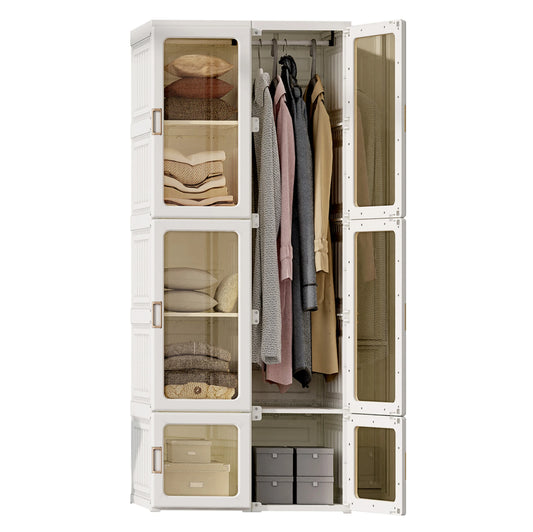 Anajqaqia 69x50x170cm Foldable Closet Wardrobe with 6 Cubes and 1 Hanging Rail, Multi-Purpose Cabinet with Magnetic Doors, PP