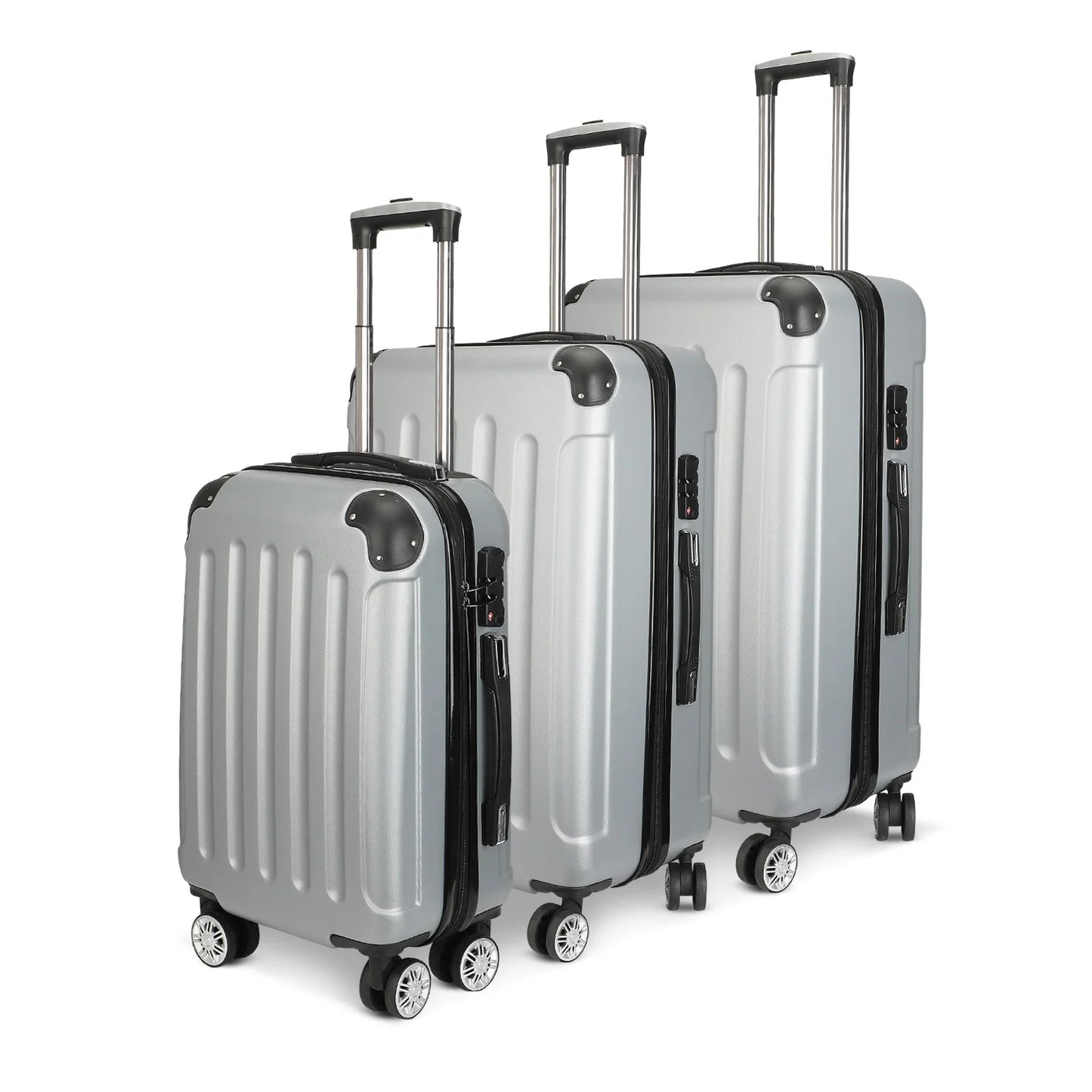 Anajqaqia 3-Piece Travel Suitcase Set with Wheels and Lock, Hard-Shell Trolley, Telescopic Handle, M, L, XL, Silvery