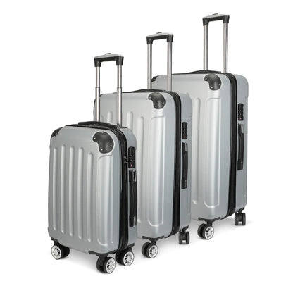 Anajqaqia 3-Piece Travel Suitcase Set with Wheels and Lock, Hard-Shell Trolley, Telescopic Handle, M, L, XL, Silvery
