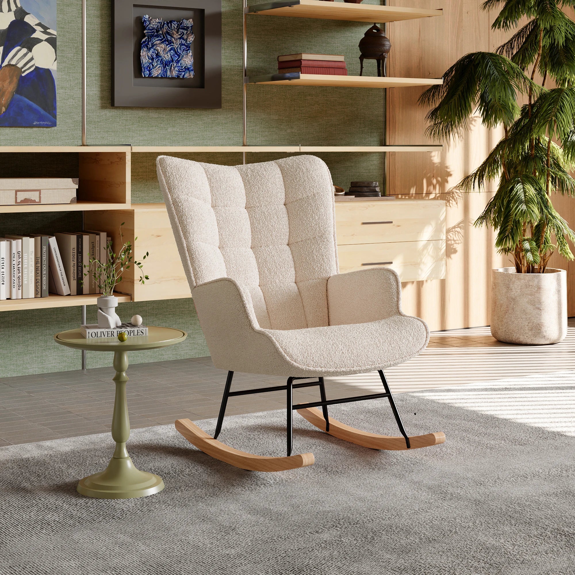 Anajqaqia Rocking Chair, Relaxing Chair, Living Room Chair, Swing Chair, with Metal Frame and Wooden Base, Teddy, Beige