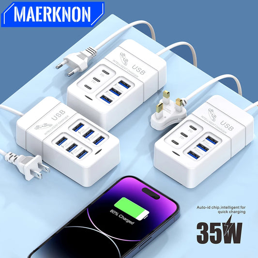 Adaptador Multifunções Carregador de Energia, Carregamento Rápido, 3 USB Tipo C, Desktop, Casa, Escritório, Escola, Viagem, Quarto, 35W, 6 Portas