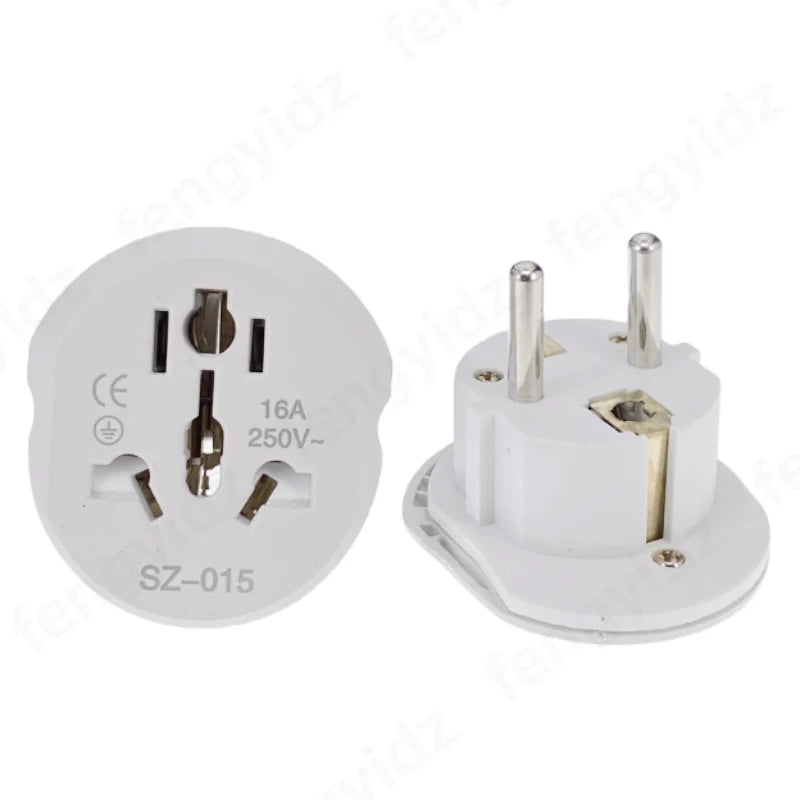 Adaptador de viaje universal con enchufe europeo, 2 tomas redondas, enchufe de pared, alta calidad, AU, EE. UU., RU, CN a UE, KR, 16 A, 250 V 