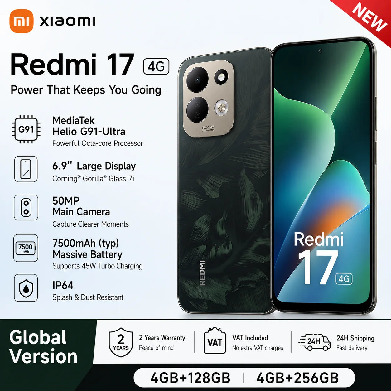 Smartphone Xiaomi Redmi 17 4G (Versão Global) – Xiaomi HyperOS 3, MediaTek Helio G91-Ultra, tela de 6,9" (120 Hz), bateria de 7500 mAh e carregamento rápido de 45 W.