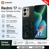 Smartphone Xiaomi Redmi 17 4G (Versão Global) – Xiaomi HyperOS 3, MediaTek Helio G91-Ultra, tela de 6,9" (120 Hz), bateria de 7500 mAh e carregamento rápido de 45 W.