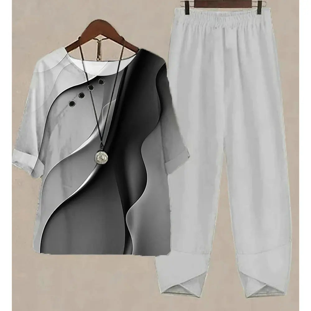 Nuevo conjunto de dos piezas para mujer, informal, cuello redondo, manga corta, estampado a rayas, top de verano para mujer, camiseta, pantalones holgados elegantes, trajes de otoño
