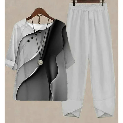 Nuevo conjunto de dos piezas para mujer, informal, cuello redondo, manga corta, estampado a rayas, top de verano para mujer, camiseta, pantalones holgados elegantes, trajes de otoño