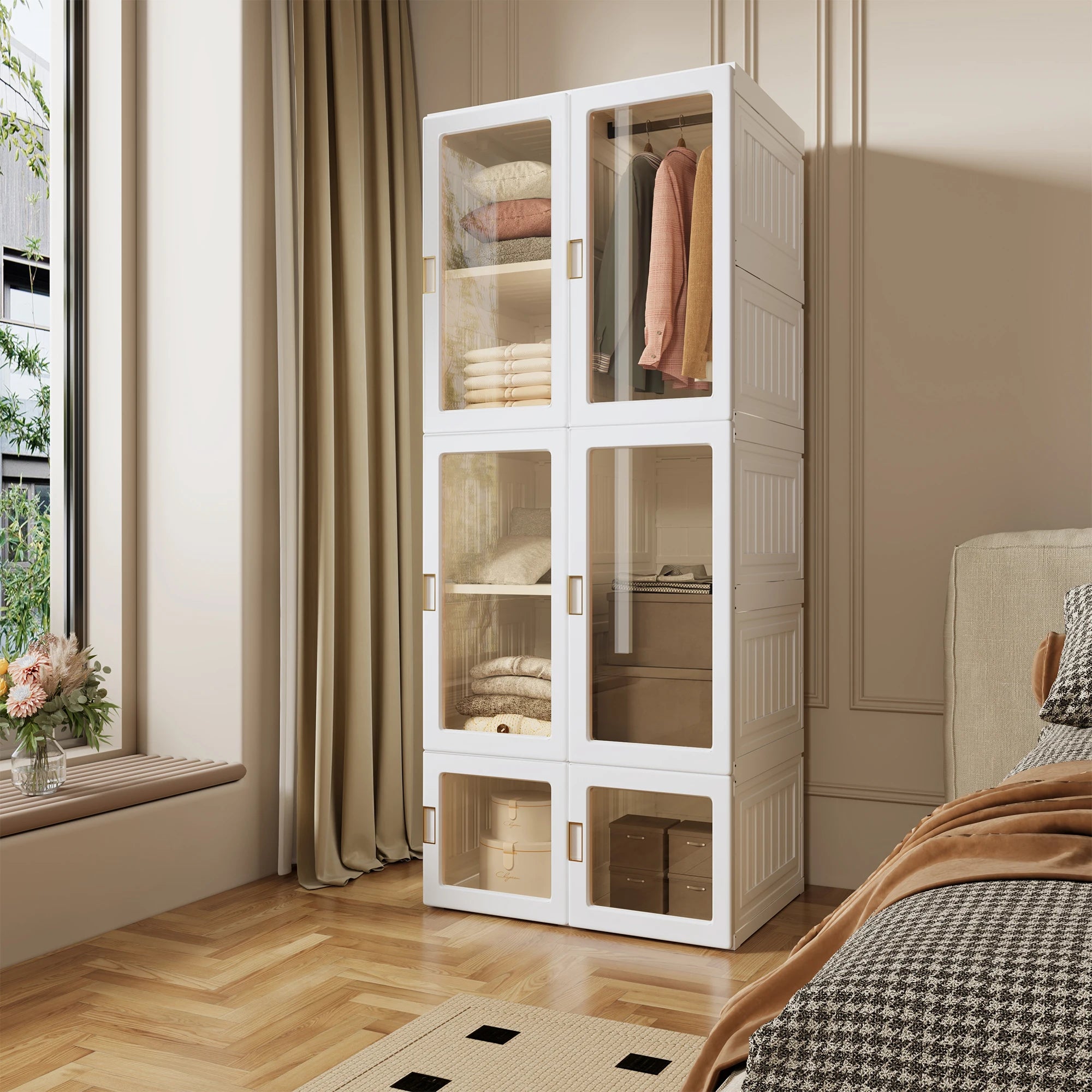 Anajqaqia 69x50x170cm Foldable Closet Wardrobe with 6 Cubes and 1 Hanging Rail, Multi-Purpose Cabinet with Magnetic Doors, PP