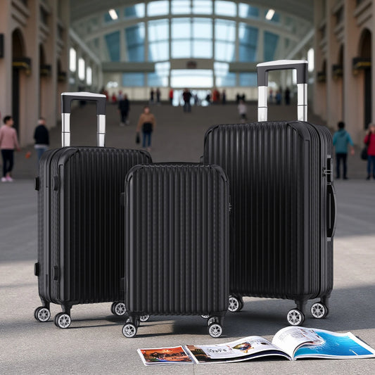 Comanlai 3-Piece Luggage Set,ABS Travel Hard Shell Suitcase,Lightweight Hand Trolley with 360° Spinner Wheels & TSA Lock,Black
