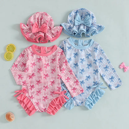 Traje de baño de verano para niñas pequeñas, estampado floral, sin espalda, con volantes, manga larga, ropa de playa para niñas de 0 a 4 años