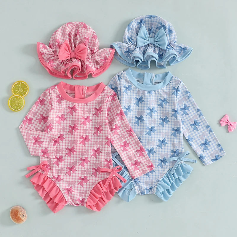 Kids Baby Girl Summer Swimwear Floral Print Backless Ruffles Long Sleeve Bodysuit Bathing Suit Girls Beachwear 0-4 Years