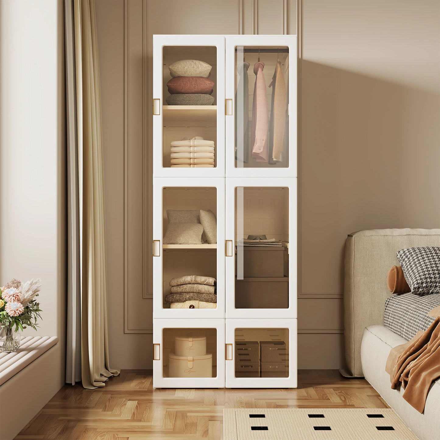 Anajqaqia 69x50x170cm Foldable Closet Wardrobe with 6 Cubes and 1 Hanging Rail, Multi-Purpose Cabinet with Magnetic Doors, PP