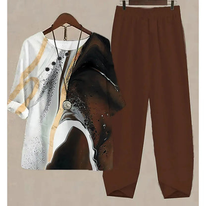 Nuevo conjunto de dos piezas para mujer, informal, cuello redondo, manga corta, estampado a rayas, top de verano para mujer, camiseta, pantalones holgados elegantes, trajes de otoño