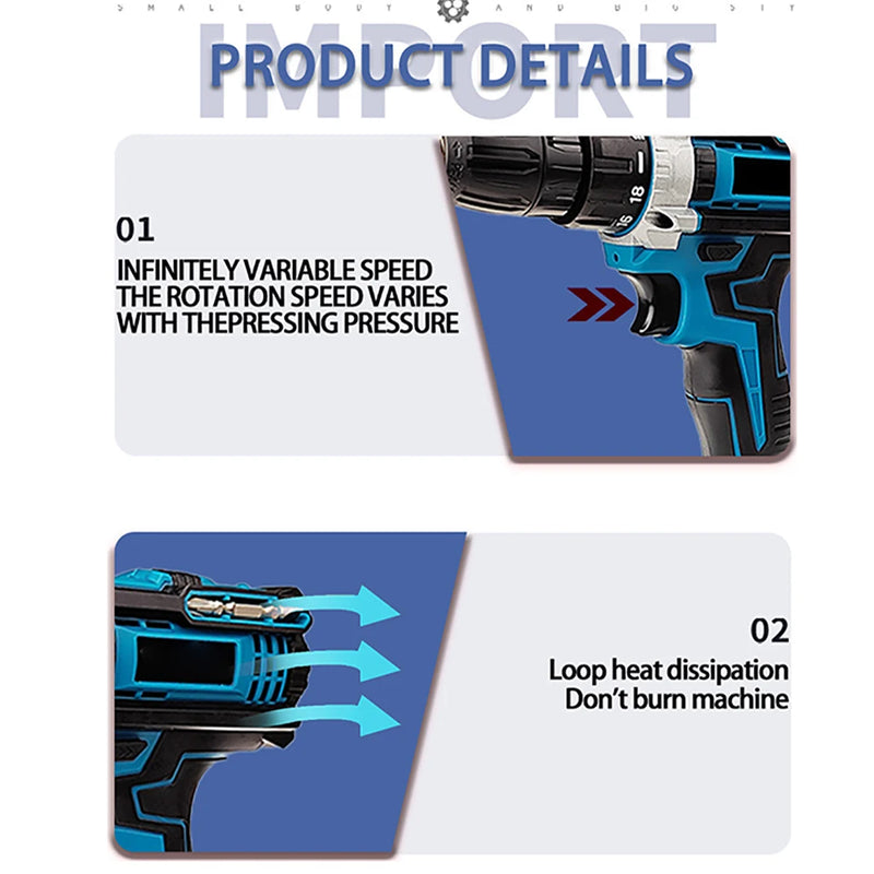 21V Cordless Electric Impact Drill Screwdriver 1600rpm High Speed Drills Rechargeable 32 Torque Household Drill Power DIY Tools