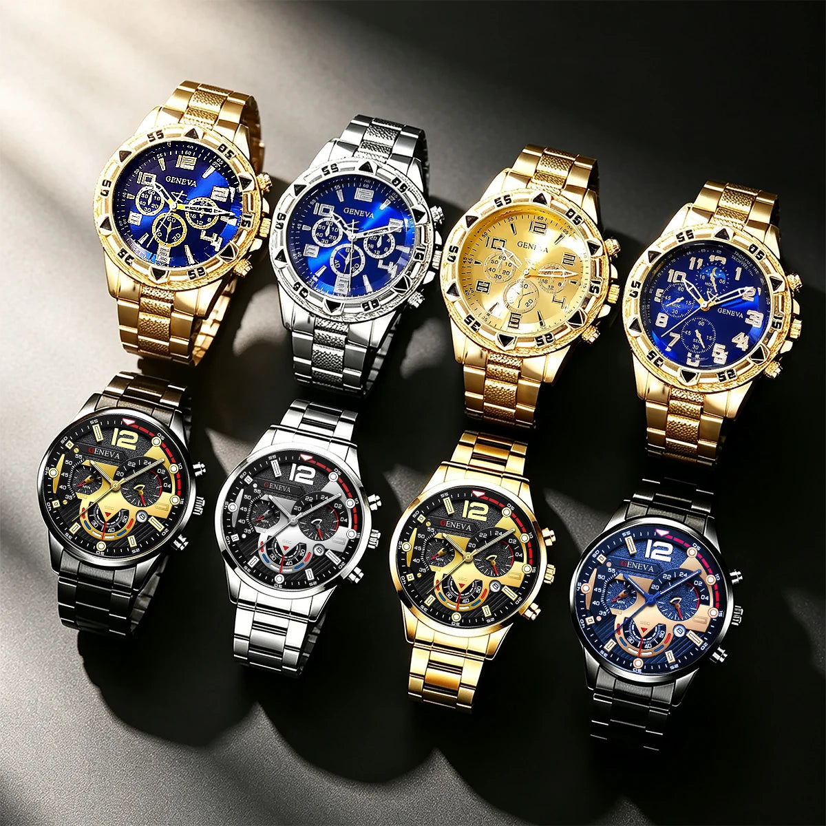 Conjunto de 8 peças de relógio masculino estilo executivo em aço inoxidável, adequado para uso casual no dia a dia e presente de Dia dos Pais; uma escolha ideal para presentear.