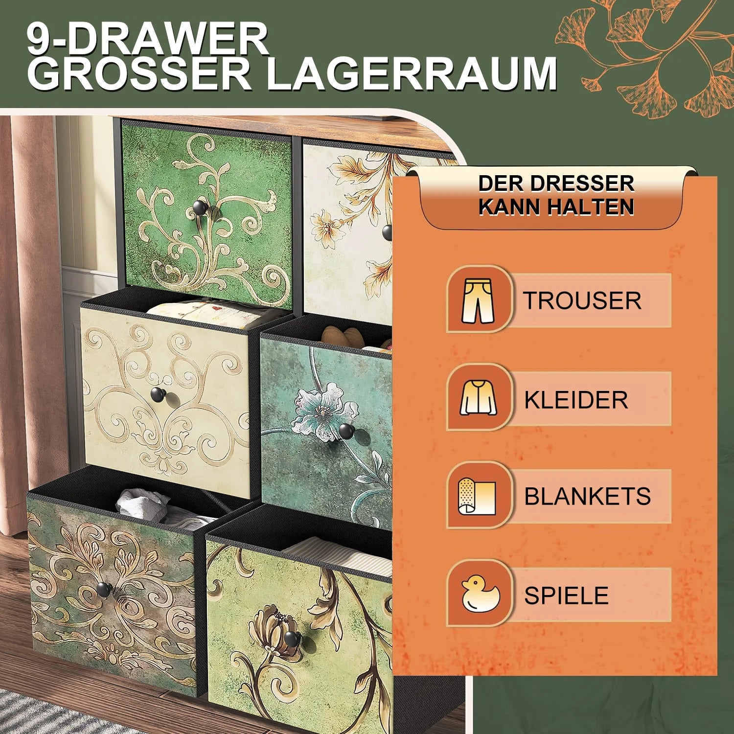 Rosahqnda chest of drawers with drawers Bohemian dressing table with wooden panel, fabric drawers, metal frame, fabric chest of drawers