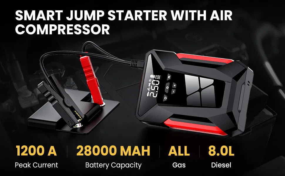 Bomba de aire de arranque para coche de 28000 mAh, compresor de aire 4 en 1 multifunción, banco de energía, arrancador de batería de coche, inflador de neumáticos automático