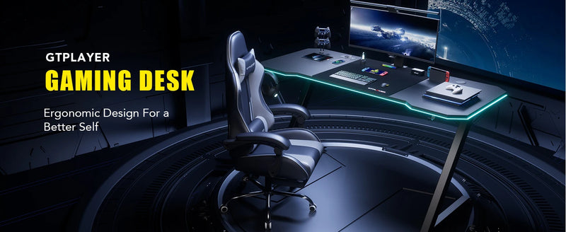 GTPLAYER Gaming table, Gaming desk 120x60cm, PC table Gamer table with Carbon Fiber Surface/LED/socket, Black