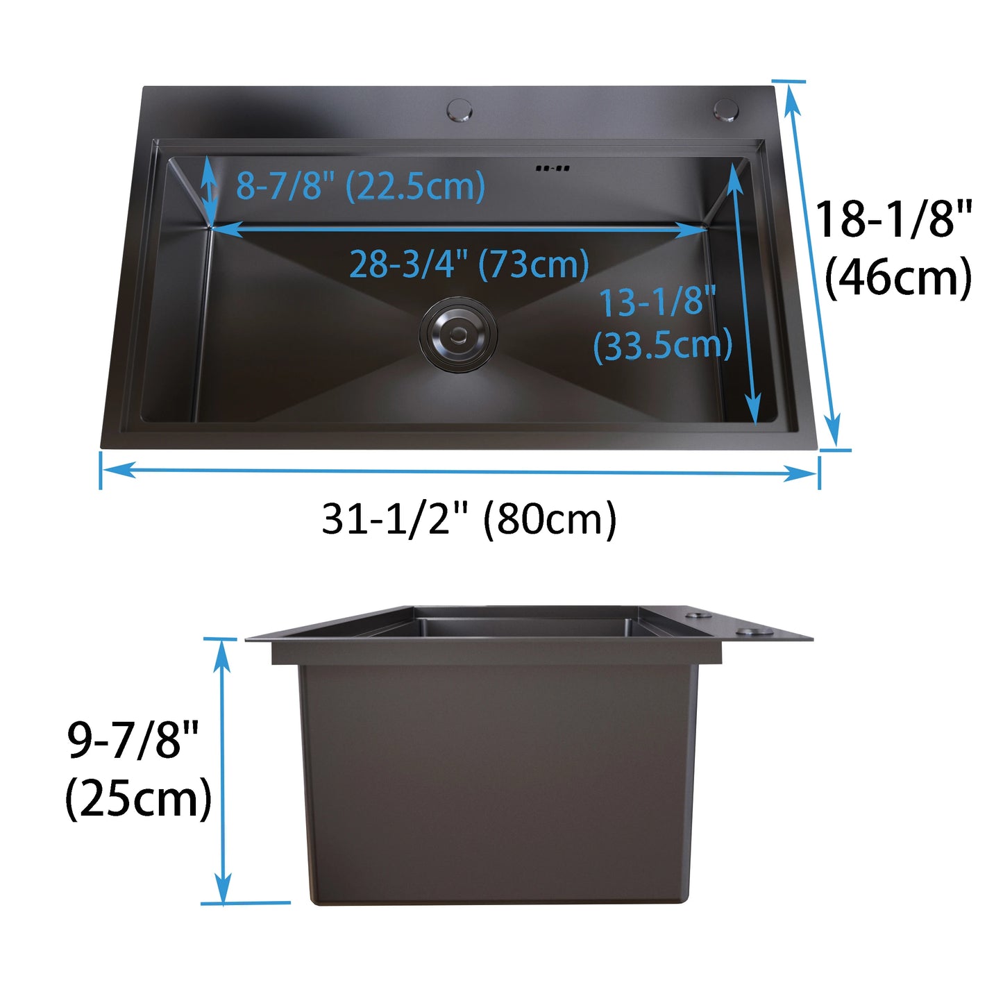 MEJE 80 x 46 Cm Drop-in 11 Gauge Stainless Steel Workstation Kitchen Sink ,Large Single Bowl, Color Black，Grey