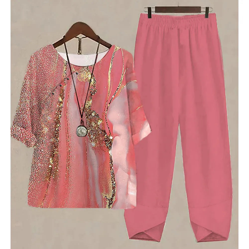 Nuevo conjunto de dos piezas para mujer, informal, cuello redondo, manga corta, estampado a rayas, top de verano para mujer, camiseta, pantalones holgados elegantes, trajes de otoño
