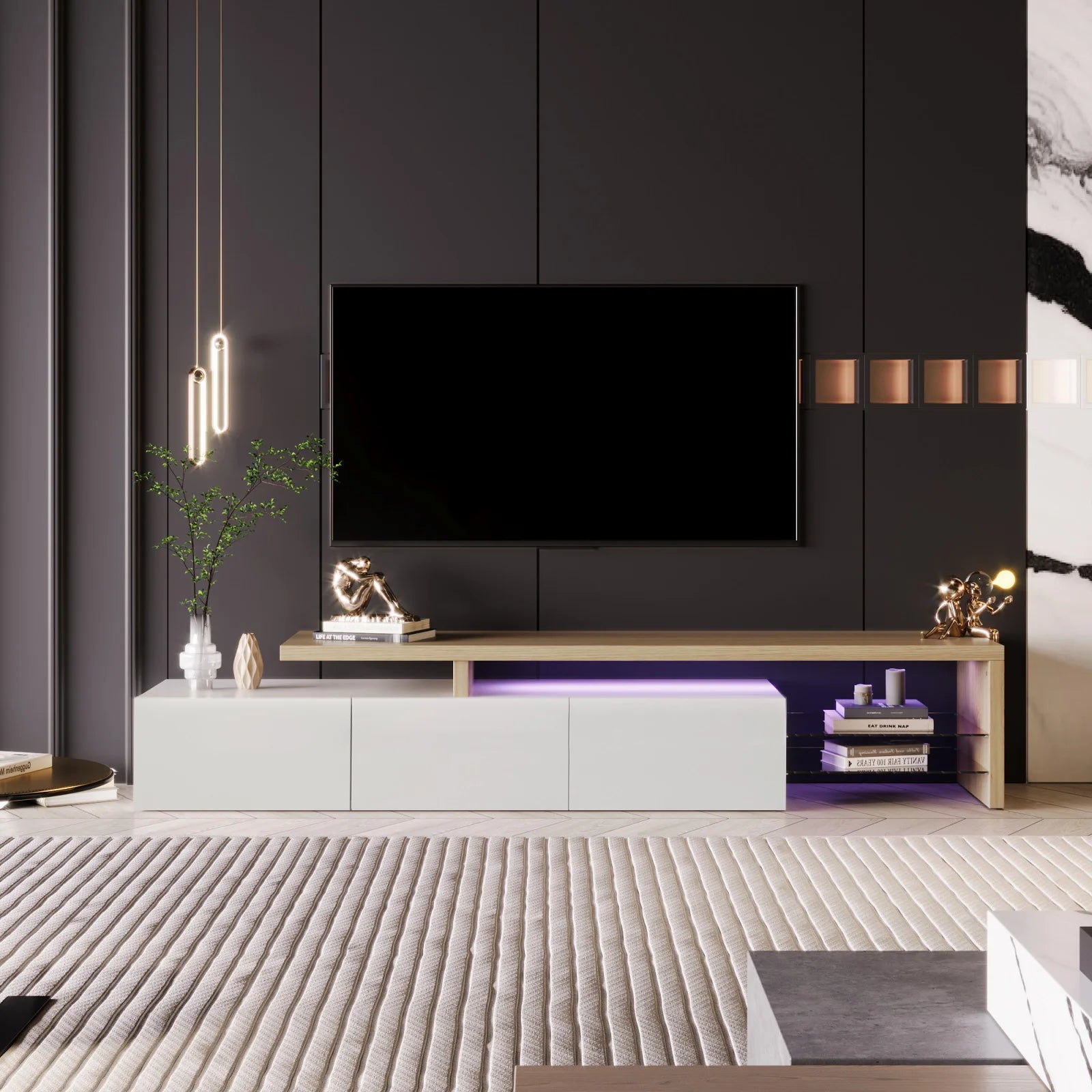 ROSAHQNDA Modern TV Cabinet, LED Stylish Living Room Furniture, Practical Storage Space, High-Gloss, Glass Shelves, 200x42x39cm
