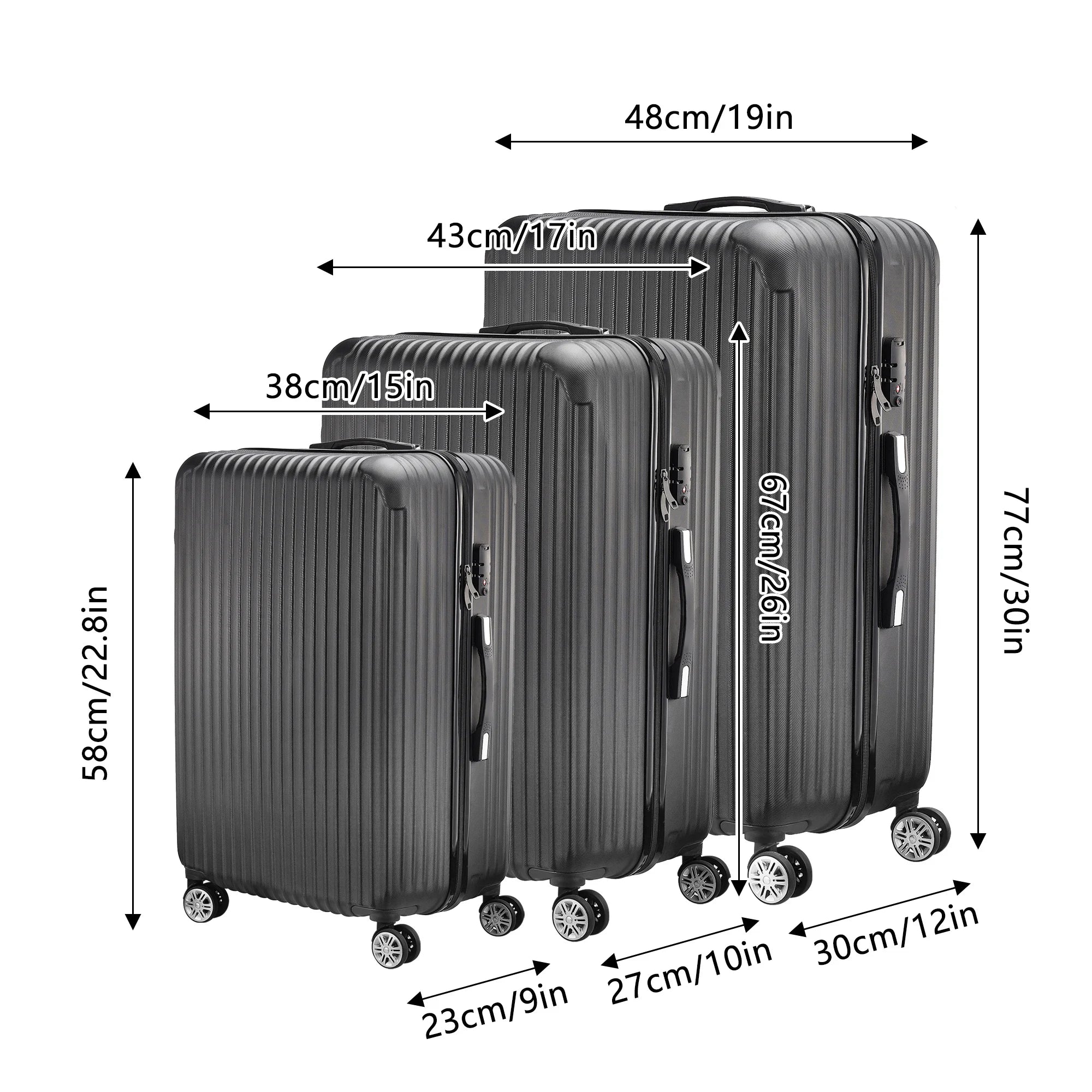 Anajqaqia 3-Piece Travel Suitcase Set with Wheels and Lock, Hard-Shell Trolley, Telescopic Handle, M, L, XL, Silvery