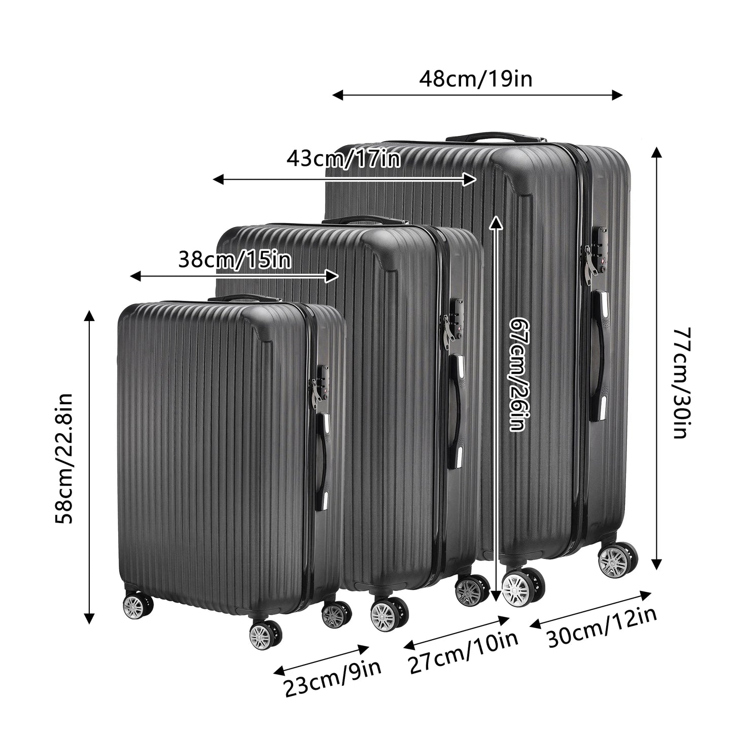 Anajqaqia 3-Piece Travel Suitcase Set with Wheels and Lock, Hard-Shell Trolley, Telescopic Handle, M, L, XL, Silvery