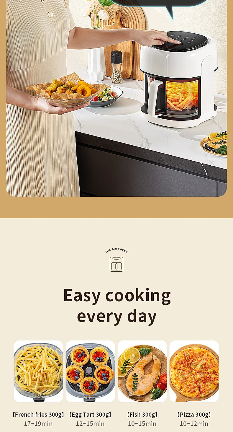 Smart Electric Air Fryer Large Capacity Convection Oven Deep Fryer Without Oil Kitchen 360°Baking Viewable Window Home Appliance