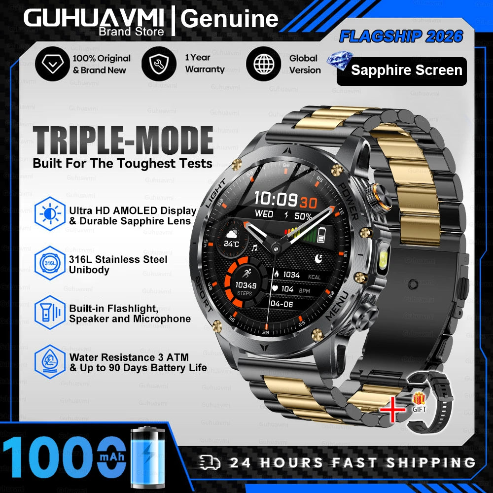 Novo Smartwatch Militar para Atividades ao Ar Livre (Modelo 2026) – Bateria de 1000 mAh de Longa Duração, Monitoramento de Fitness, À Prova d'Água, Estilo Tático e Esportivo