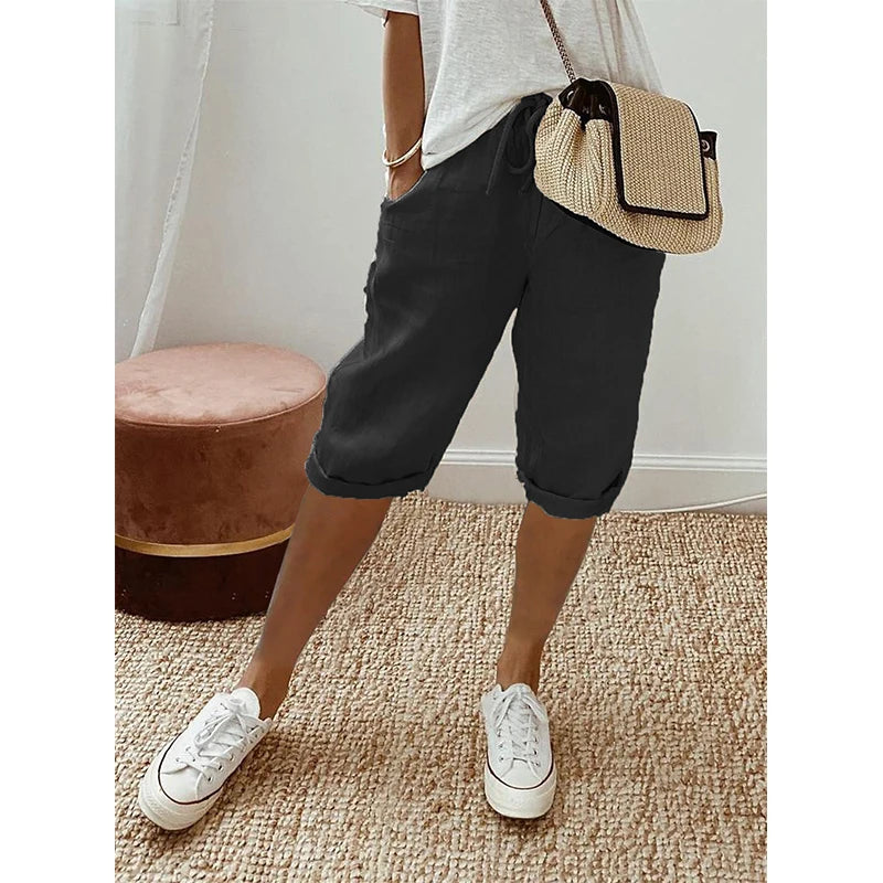 Pantalones cortos de lino y algodón con cordones para mujer, estilo vintage americano, cintura alta elástica, pierna ancha y bolsillo, estilo urbano