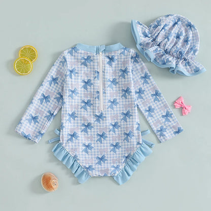 Traje de baño de verano para niñas pequeñas, estampado floral, sin espalda, con volantes, manga larga, ropa de playa para niñas de 0 a 4 años