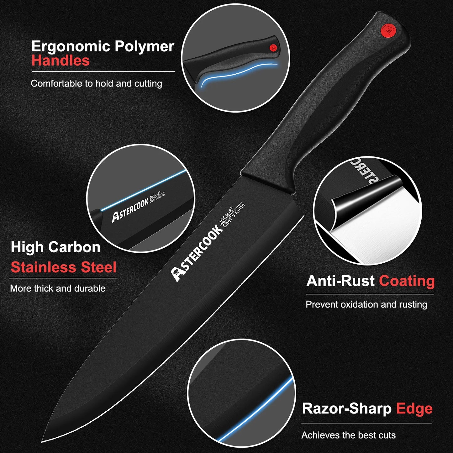 15PCS/ Astercook Knife Set with Sharpener Block - German Stainless Steel, Dishwasher Safe Kitchen Knife with Built-in Sharpener