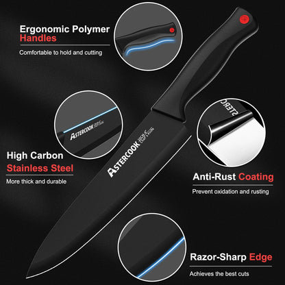 15PCS/ Astercook Knife Set with Sharpener Block - German Stainless Steel, Dishwasher Safe Kitchen Knife with Built-in Sharpener