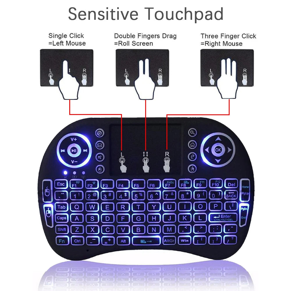 Ratón de aire retroiluminado con panel táctil, mini teclado inalámbrico para PC, Android TV Box, i8, árabe, francés, español, ruso, 2.4G 