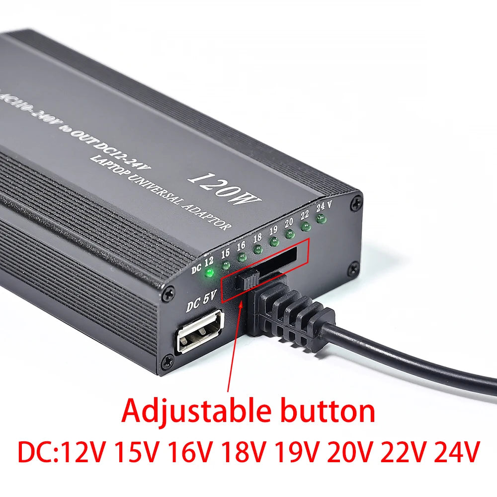 Cargador universal para coche, adaptador de corriente CA/CC, USB, para portátil, ajustable, 120 W, 220 V, 110 V a 12 V, 15 V, 16 V, 18 V, 19 V, 20 V, 22 V y 24 V 