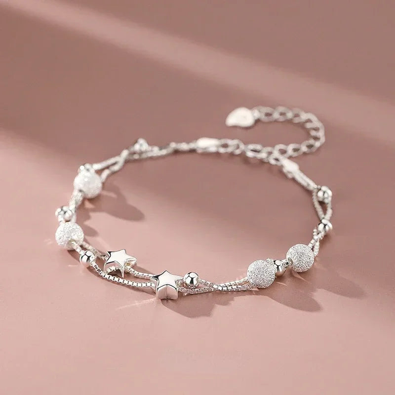Pulsera ajustable de cuentas de plata de ley 925 para mujer, joyería original de lujo, diseño de moda coreano, hermosas estrellas. 